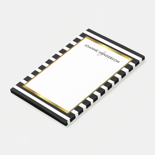 Matig zwart-wit strepen gouden monogram post-it® notes (Schuin)