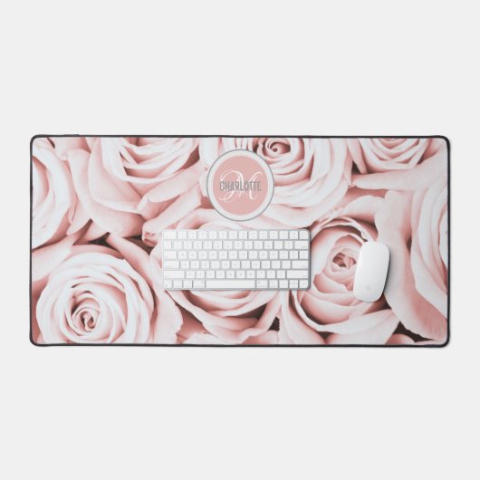 Matige blauwe roze florale monogram naam bureaumat (Keyboard & Muis)