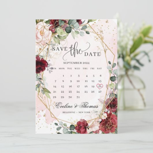 Matige, bloedige boho met gouden geometrische boho save the date (Staand voorkant)
