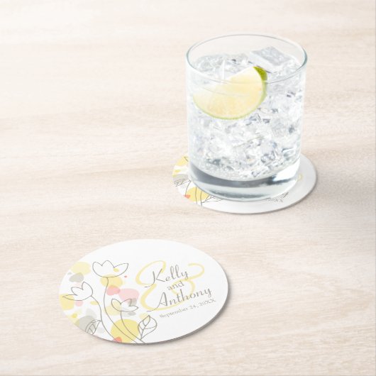 Matige confetti bloemnaam datum bruiloft onderzett ronde kartonnen onderzetter (Insitu)