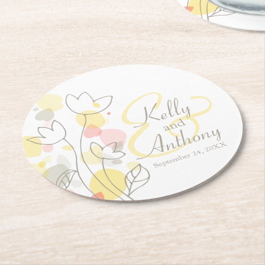 Matige confetti bloemnaam datum bruiloft onderzett ronde kartonnen onderzetter (Gebogen)