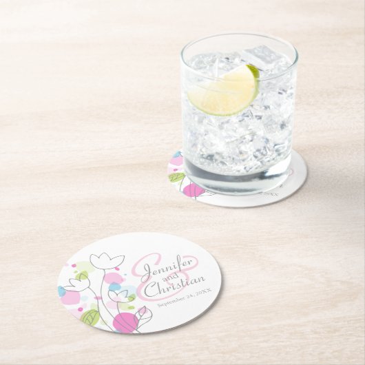 Matige confetti bloemnaam datum bruiloft onderzett ronde kartonnen onderzetter (Insitu)