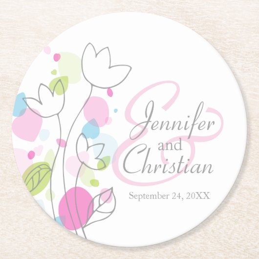 Matige confetti bloemnaam datum bruiloft onderzett ronde kartonnen onderzetter (Voorkant)