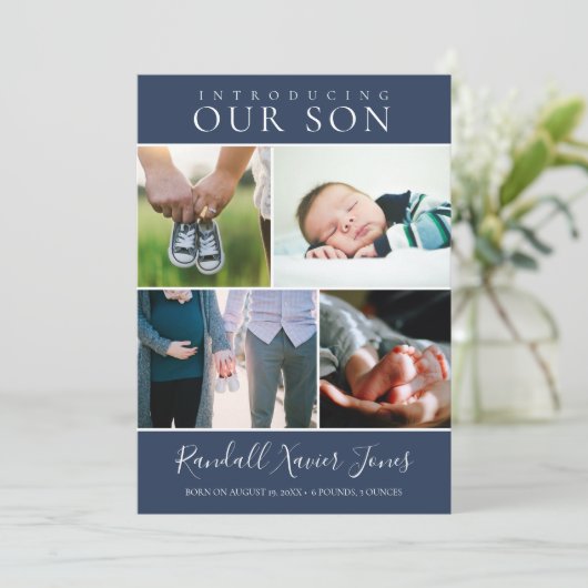 Matige Foto Collage Blue Baby Birth Aankondiging (Staand voorkant)