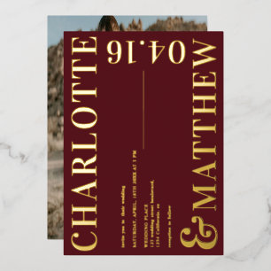 Matige gedurfde namen met bogundy foto's bruiloft  folie uitnodiging