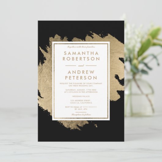 Matige goudpenseeldruppels zwarte witte kerkbruilo kaart (Staand voorkant)