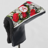 Matige rode rozen bouquet met monogram en naam golfheadcover (3/4 voorkant)