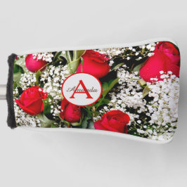 Matige rode rozen bouquet met monogram en naam golfheadcover