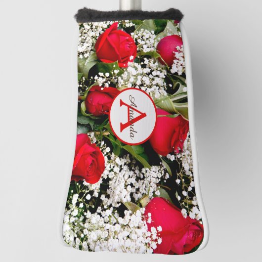 Matige rode rozen bouquet met monogram en naam golfheadcover (Draai 90)