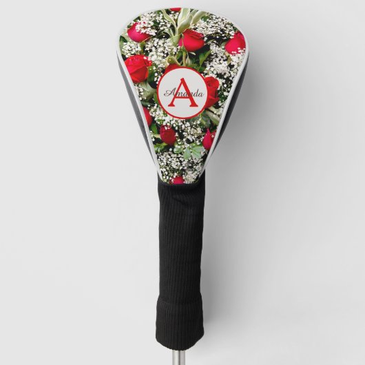 Matige rode rozen bouquet met monogram en naam golfheadcover (Voorkant)
