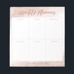 Matige roze goudWaterverf weekblad Notitieblok<br><div class="desc">Elegant en modern weekblad planner. Er zijn 6 vakjes op het notitieblok om uw schema en plan voor elke dag van de week op te schrijven. De achtergrond is in een  roze waterverf ombre met faux goudglitter. Pas dit product aan door jouw naam onderaan toe te voegen.</div>