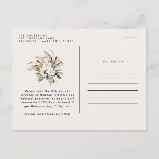 Matige rustige pampas eucalyptus botanische elegan aankondigingskaart (Achterkant)