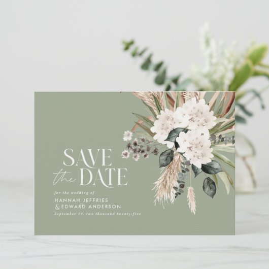Matige rustige pampas eucalyptus botanische elegan save the date (Staand voorkant)