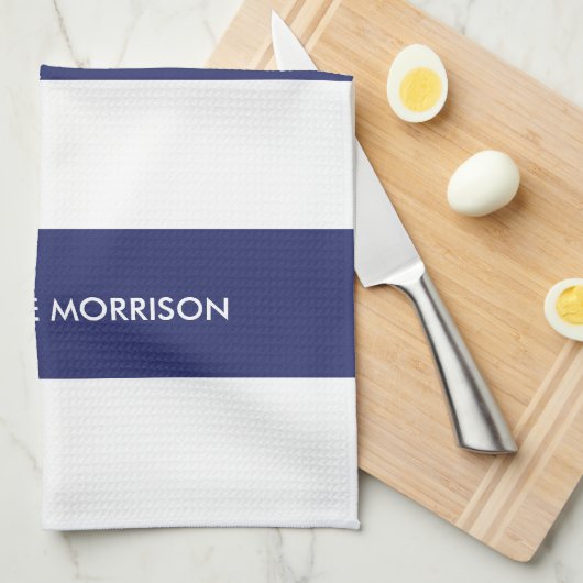 Matige strepen: naam monogram blauw wit theedoek (Quarter Fold)