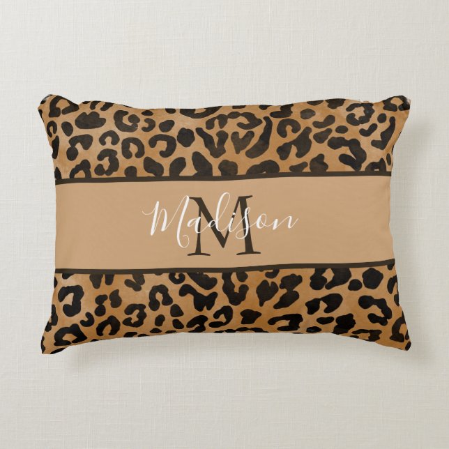 Matige Trendy Chic Leopard Pattern Monogram Naam Accent Kussen (Voorkant)
