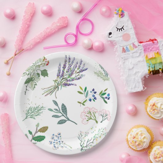 Matige trendy kruiden en bladgroen en wit papieren bordje (Feest)