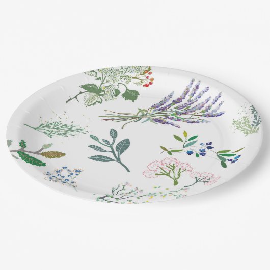 Matige trendy kruiden en bladgroen en wit papieren bordje (Gekanteld)