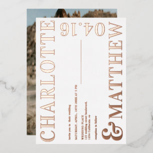 Matige vetgedrukte namen witte foto's roos goud folie uitnodiging