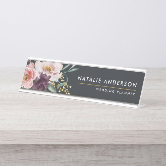Matige waterverf floraal en blaaselegant bureau naambordje (Voorkant)