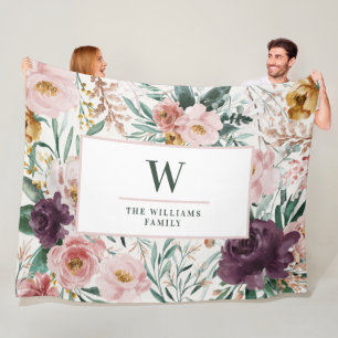 Matige waterverf florale elegant monogram roze fleece deken