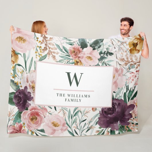Matige waterverf florale elegant monogram roze fleece deken (In situ)