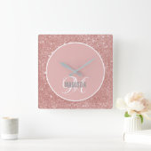 Matige zwarte roze glitter script monogram naam la vierkante klok (Huis)