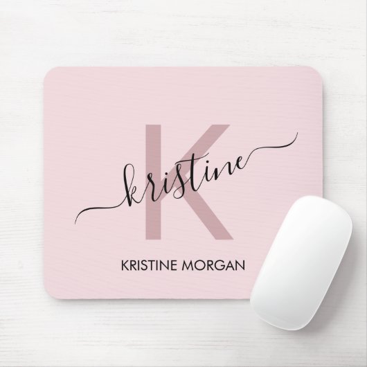 Matige zwarte roze script monogram naam muismat (Met muis)