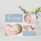 Matin Blue Photo Collage Baby Birth Aankondiging (Staand voorkant)