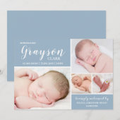 Matin Blue Photo Collage Baby Birth Aankondiging (Voorkant / Achterkant)