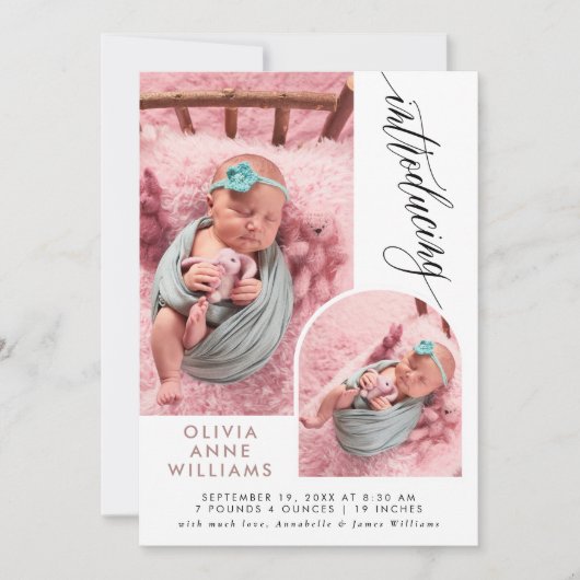 Matin Elegant Baby Girl Foto Collage Birth Aankondiging (Voorkant)