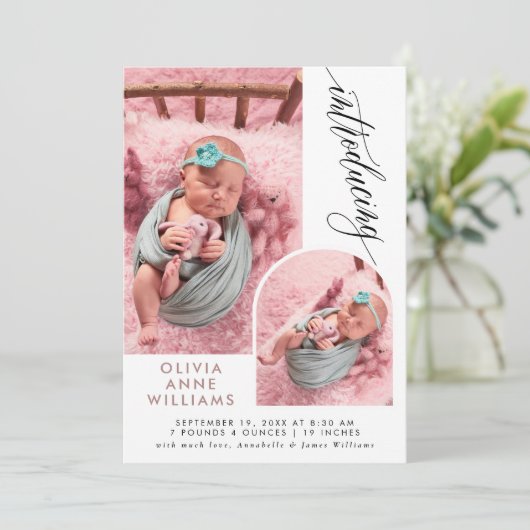 Matin Elegant Baby Girl Foto Collage Birth Aankondiging (Staand voorkant)