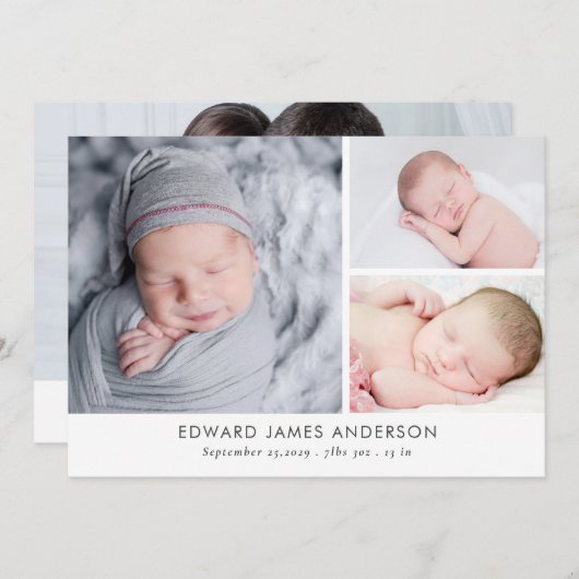 Matin Newborn Photo Collage Birth Aankondiging (Voorkant / Achterkant)