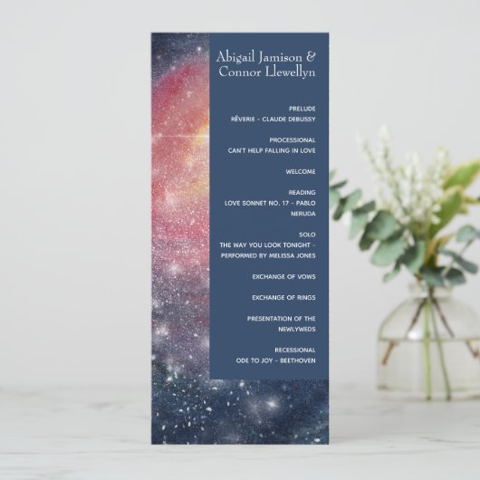 Matin Night Sky Galaxy Blue Paars Red Programmakaart (Staand voorkant)