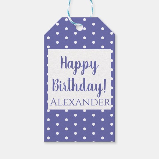 Matin Paars Polka Dots Birthday Naam Cadeaulabel (Voorkant)