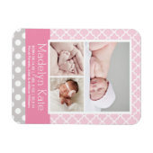 Matin Pattern Baby Girl Pink Grey Foto geboortedat Magneet (Horizontaal)