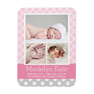 Matin Pattern Baby Girl Pink Grey Foto geboortedat Magneet