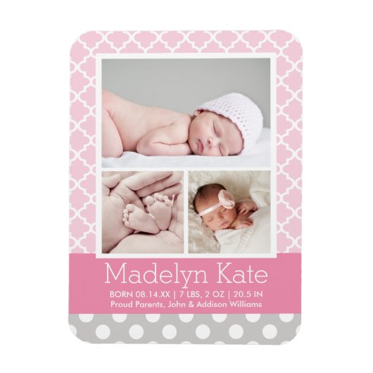 Matin Pattern Baby Girl Pink Grey Foto geboortedat Magneet (Verticaal)