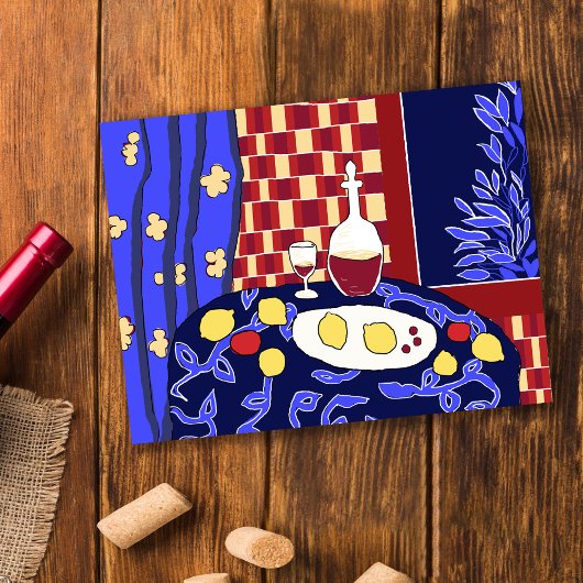 Matisse geïnspireerd blauw stilleven rode wijn cit briefkaart