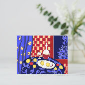 Matisse geïnspireerd blauw stilleven rode wijn cit briefkaart (Staand voorkant)
