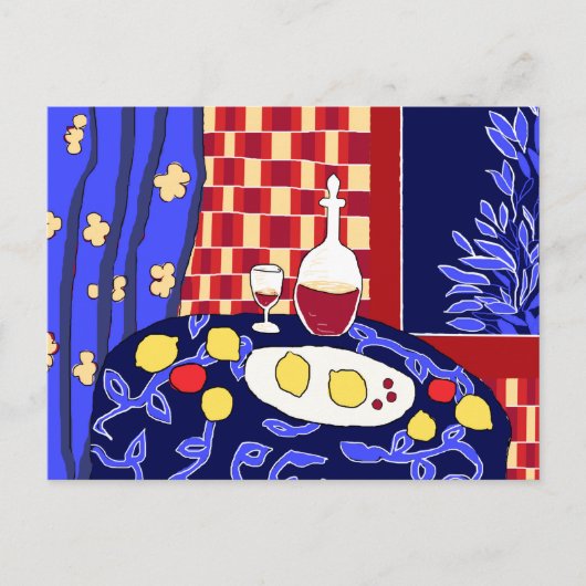 Matisse geïnspireerd blauw stilleven rode wijn cit briefkaart (Voorkant)
