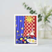 Matisse geïnspireerde blauwe rode stilstaande leeu briefkaart (Staand voorkant)