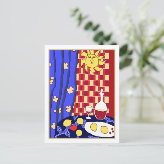 Matisse geïnspireerde blauwe rode stilstaande leeu briefkaart (Staand voorkant)