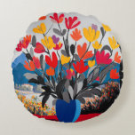 Matisse Style Floral Round Pillow - Modern Art Rond Kussen<br><div class="desc">Bring color and artistic flair into your home with this modern floral round pillow. Featuring a vibrant bouquet of bold flowers in warm reds, oranges, and yellows set against a scenic landscape background, this design adds a cheerful and contemporary touch to any space. The round shape gives this decorative pillow...</div>