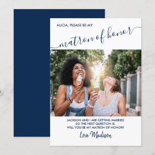 Matron of Honor Blue and White Photo proposal card Kaart