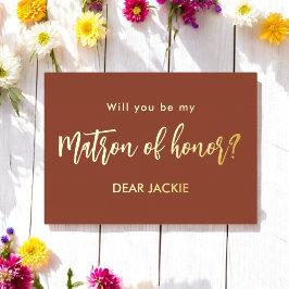 Matron of Honor Brown Terracotta Voorstel Folie Uitnodiging
