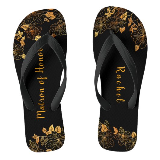 Matron of Honor Luxury Black Gold Foliage Pattern Teenslippers (Voetbed)