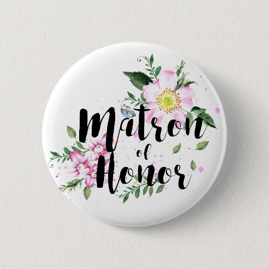Matron of Honor Roze Bloemen Waterverf Huwelijk Ronde Button 5,7 Cm (Voorkant)