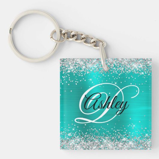 Matron of Honor Silver Glitter Turquoise Folie Sleutelhanger (Voorkant)