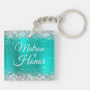 Matron of Honor Silver Glitter Turquoise Folie Sleutelhanger