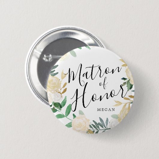 Matron of Honor White Rose Bouquet Custom Wedding Ronde Button 5,7 Cm (Voorkant /achterkant)